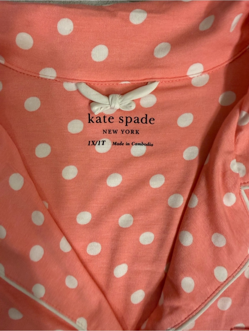 kate spade Coral Pink Polka Dot Short-Sleeve Pajama Set White Trim long Pants - Picture 2 of 7